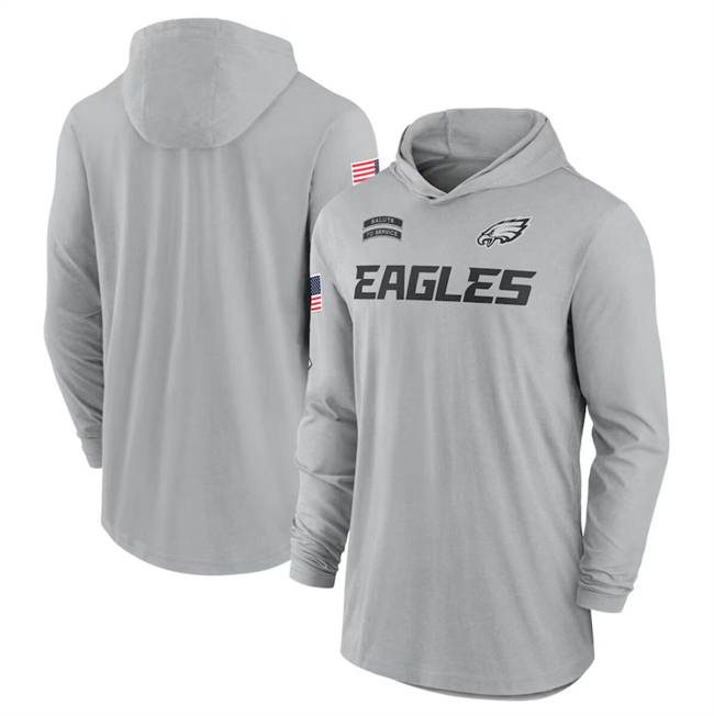 Men's Philadelphia Eagles 2024 Gray Salute To Service Lightweight Performance Long Sleeve Hooded T-Shirt Men's Philadelphia Eagles 2024 Gray Salute To Service Lightweight Performance Long Sleeve Hooded T-Shirt