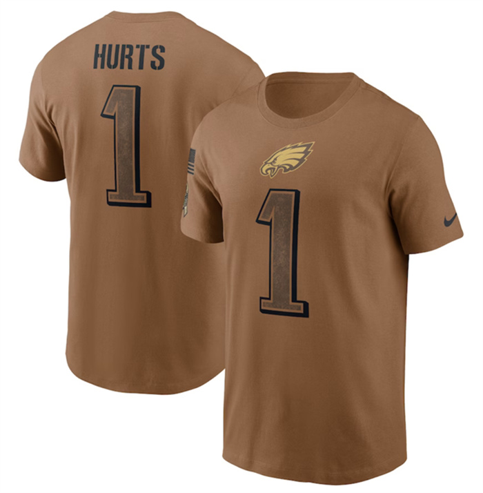 Men's Philadelphia Eagles #1 Jalen Hurts 2023 Brown Salute To Service Name & Number T-Shirt Men's Philadelphia Eagles #1 Jalen Hurts 2023 Brown Salute To Service Name & Number T-Shirt