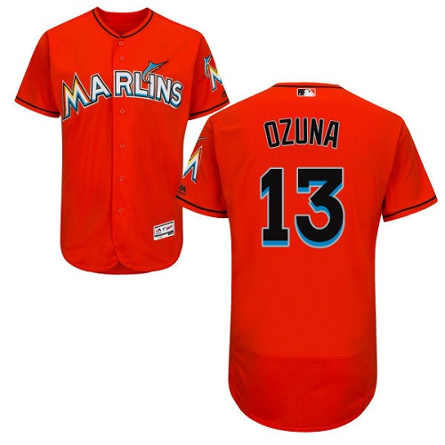 marlins #13 Marcell Ozuna Orange Flexbase Authentic Collection Stitched MLB Jersey