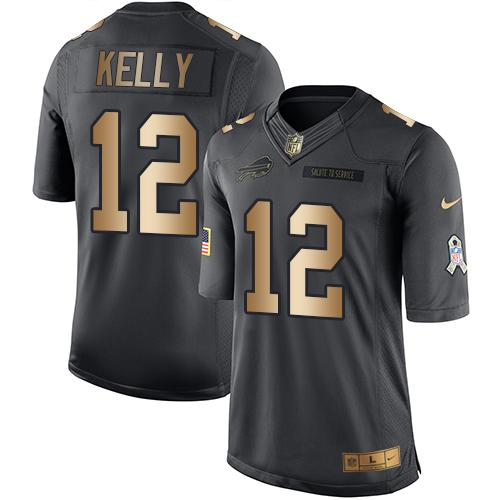 Nike Bills #12 Jim Kelly Black Youth Stitched NFL Limited Gold Salute to Service Jersey Nike Bills #12 Jim Kelly Black Youth Stitched NFL Limited Gold Salute to Service Jersey
