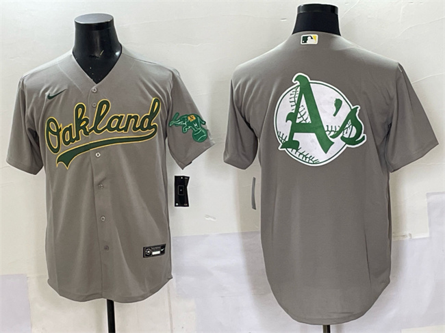 Men's Oakland Athletics Team Big Logo Grey Cool Base Stitched Baseball Jersey 3