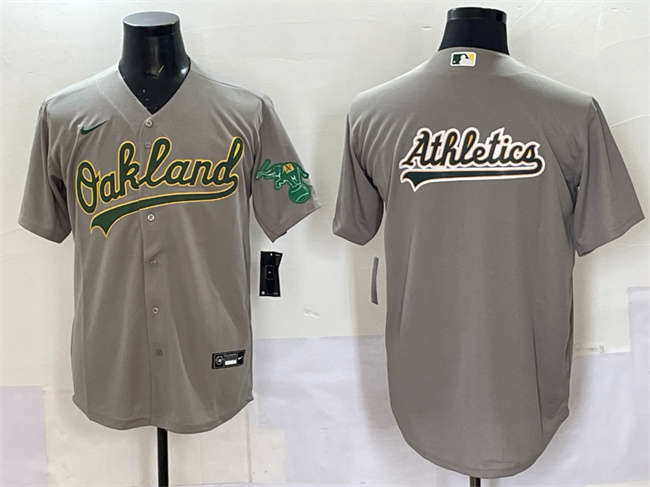 Men's Oakland Athletics Team Big Logo Grey Cool Base Stitched Baseball Jersey 1