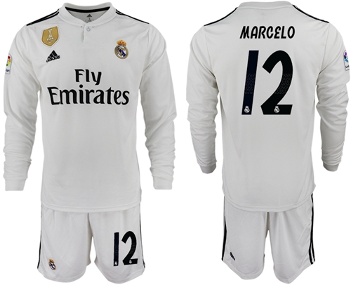 Real Madrid #12 Marcelo White Home Long Sleeves Soccer Club Jersey