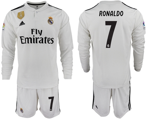 Real Madrid #7 Ronaldo White Home Long Sleeves Soccer Club Jersey
