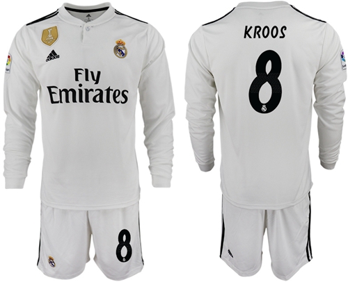 Real Madrid #8 Kroos White Home Long Sleeves Soccer Club Jersey