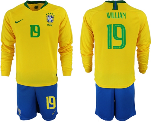 Brazil #19 Willian Home Long Sleeves Soccer Country Jersey