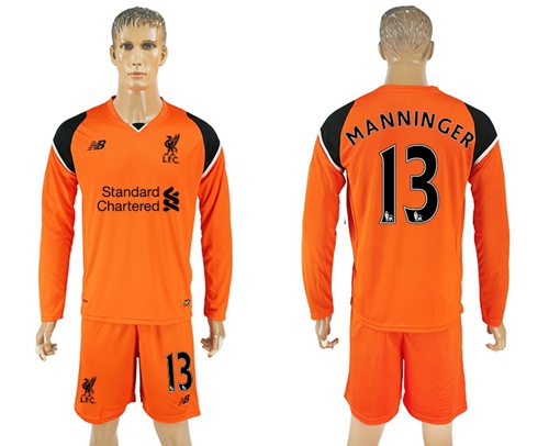 Liverpool #13 Manninger Orange Goalkeeper Long Sleeves Soccer Club Jersey