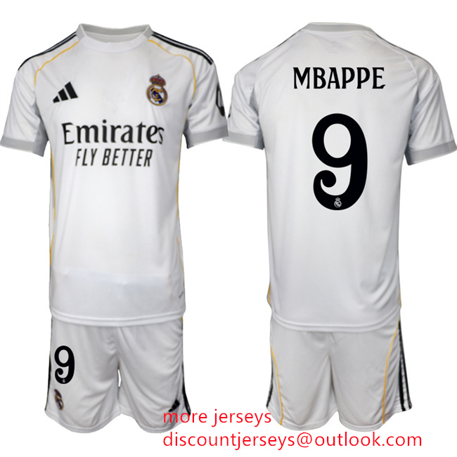 Men's Real Madrid #9 Kylian Mbappé 25 26 White Home Soccer Jersey Suit