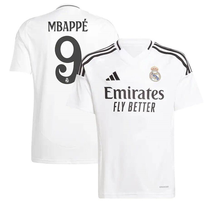 Men's Real Madrid #9 Kylian Mbappé White 2024 25 Home Soccer Jersey