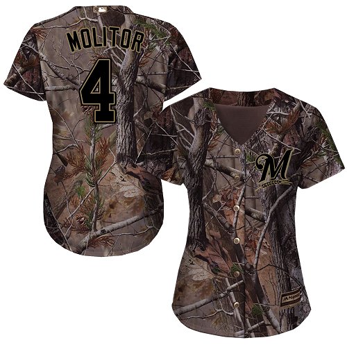 Brewers #4 Paul Molitor Camo Realtree Collection Cool Base Women's Stitched Baseball Jersey