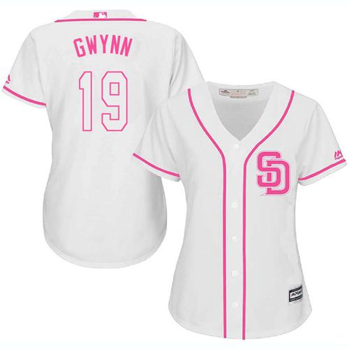 Padres #19 Tony Gwynn White Pink Fashion Women's Stitched MLB Jersey