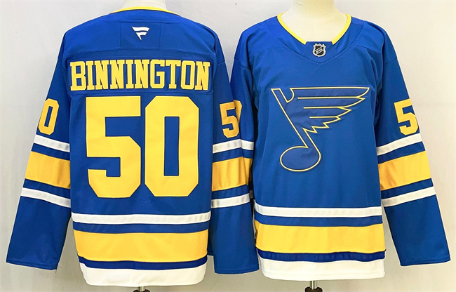 Men's St. Louis Blues #50 Jordan Binnington Blue 2025 Stitched Hockey Jersey Men's St. Louis Blues #50 Jordan Binnington Blue 2025 Stitched Hockey Jersey