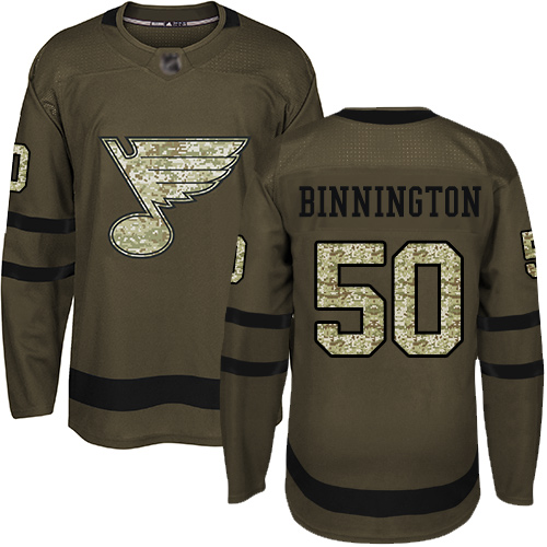 Blues #50 Jordan Binnington Green Salute to Service Stitched Hockey Jersey Blues #50 Jordan Binnington Green Salute to Service Stitched Hockey Jersey