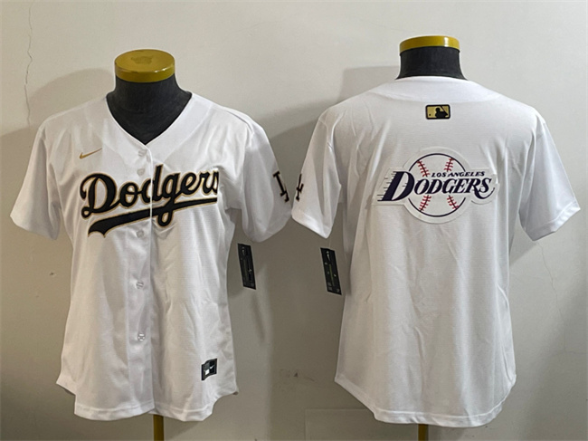 Women's Los Angeles Dodgers Team Big Logo White Gold Home Limited Stitched Baseball Jersey(Run Small)