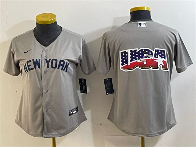 Women's New York Yankees Gray Team Big Logo Cool Base Stitched Jersey(Run Small) 5