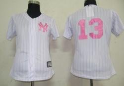 MLB New York Yankees 13# Alex Rodriguez white Women Jerseys Pink strip