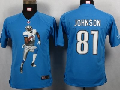 Youth NEW Detroit Lions 81 Johnson Blue Portrait Fashion Game Jerseys