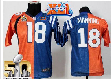 Nike Colts #18 Peyton Manning OrangeBlue Super Bowl XLI & Super Bowl 50 Youth Stitched NFL Elite Split Broncos Jersey