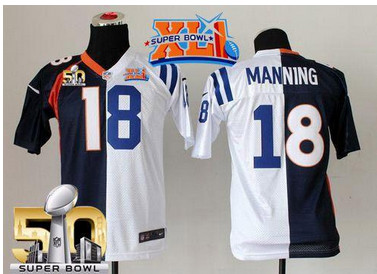 Nike Colts #18 Peyton Manning BlueWhite Super Bowl XLI & Super Bowl 50 Youth Stitched NFL Elite Split Broncos Jersey