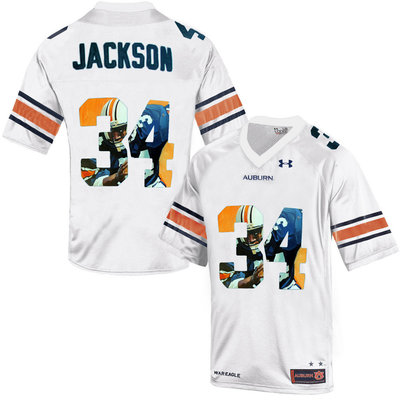 Auburn Tigers 34 Bo Jackson White With Portrait Print College Football Jersey2