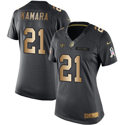 Nike Saints #21 Alvin Kamara Black Women's Stitched NFL Limited Gold Salute to Service Jersey