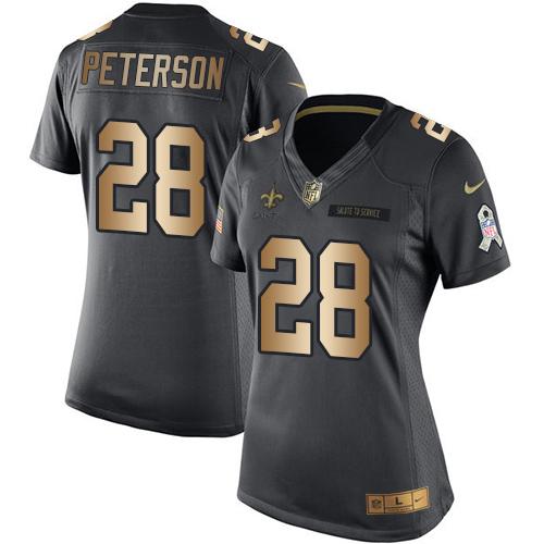 Nike Saints #28 Adrian Peterson Black Women's Stitched NFL Limited Gold Salute to Service Jersey