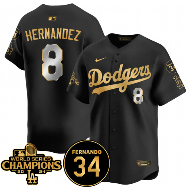 Men's Los Angeles Dodgers #8 Enrique Hernández Black Gold 2024 World Series Champions & Fernando Memorial Patch Vapor Premier Limited Stitched Baseball Jersey Men's Los Angeles Dodgers #8 Enrique Hernández Black Gold 2024 World Series Champions & Fernando Memorial Patch Vapor Premier Limited Stitched Baseball Jersey