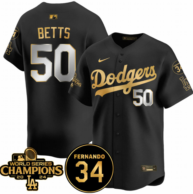 Men's Los Angeles Dodgers #50 Mookie Betts Black Gold 2024 World Series Champions & Fernando Memorial Patch Vapor Premier Limited Stitched Baseball Jersey Men's Los Angeles Dodgers #50 Mookie Betts Black Gold 2024 World Series Champions & Fernando Memorial Patch Vapor Premier Limited Stitched Baseball Jersey