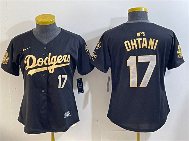 Women's Los Angeles Dodgers #17 Shohei Ohtani Black Gold 2024 World Series With Fernando Memorial Patch Limited Stitched Baseball Jersey(Run Small) Women's Los Angeles Dodgers #17 Shohei Ohtani Black Gold 2024 World Series With Fernando Memorial Patch Limited Stitched Baseball Jersey(Run Small)