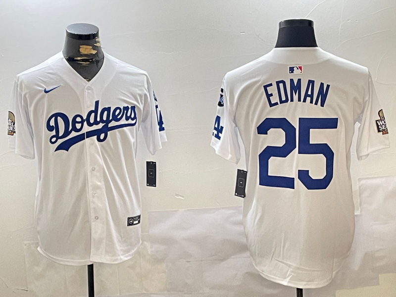 Men's Los Angeles Dodgers #25 Tommy Edman White 2024 World Series With Fernando Memorial Patch Home Limited Stitched Baseball Jersey 1 Men's Los Angeles Dodgers #25 Tommy Edman White 2024 World Series With Fernando Memorial Patch Home Limited Stitched Baseball Jersey 1
