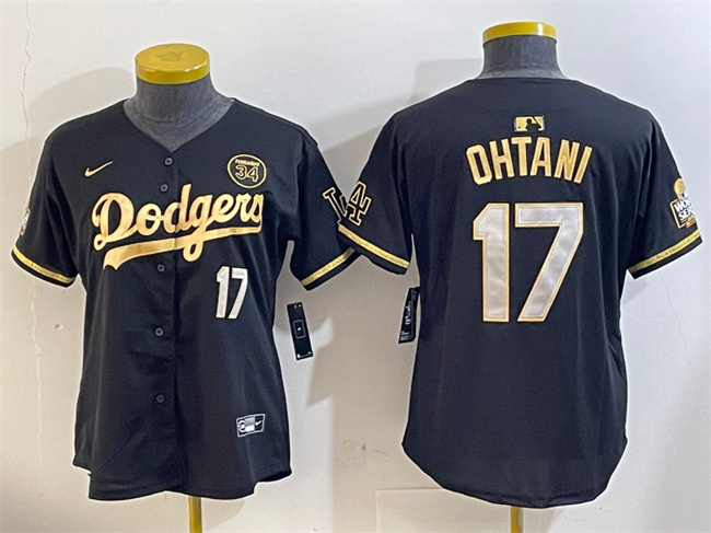 Women's Los Angeles Dodgers #17 Shohei Ohtani Black Gold 2024 World Series With Fernando Memorial Patch Limited Stitched Baseball Jersey(Run Small) 1
