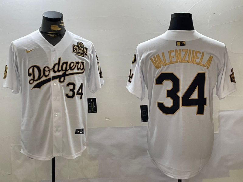 Men's Los Angeles Dodgers #34 Toro Valenzuela White Gold 2024 World Series With Fernando Memorial Patch Limited Stitched Baseball Jersey 5 Men's Los Angeles Dodgers #34 Toro Valenzuela White Gold 2024 World Series With Fernando Memorial Patch Limited Stitched Baseball Jersey 5