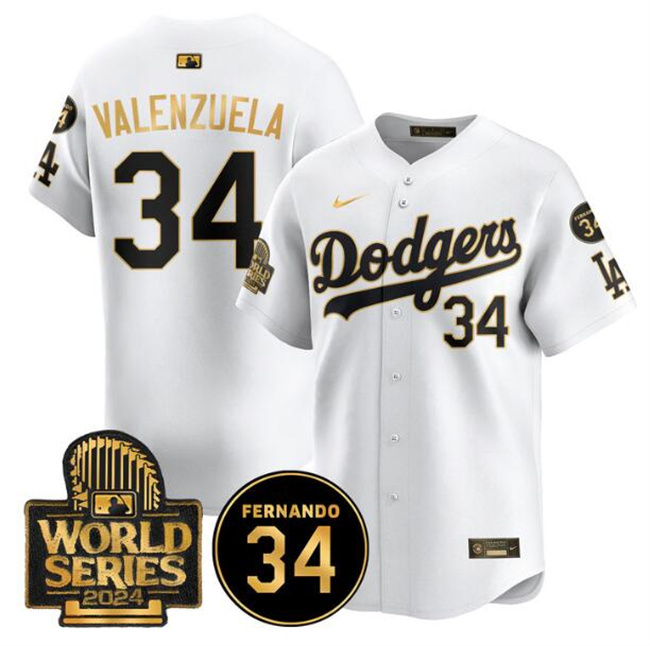 Men's Los Angeles Dodgers #34 Toro Valenzuela White Gold 2024 World Series With Fernando Memorial Patch Limited Stitched Baseball Jersey Men's Los Angeles Dodgers #34 Toro Valenzuela White Gold 2024 World Series With Fernando Memorial Patch Limited Stitched Baseball Jersey
