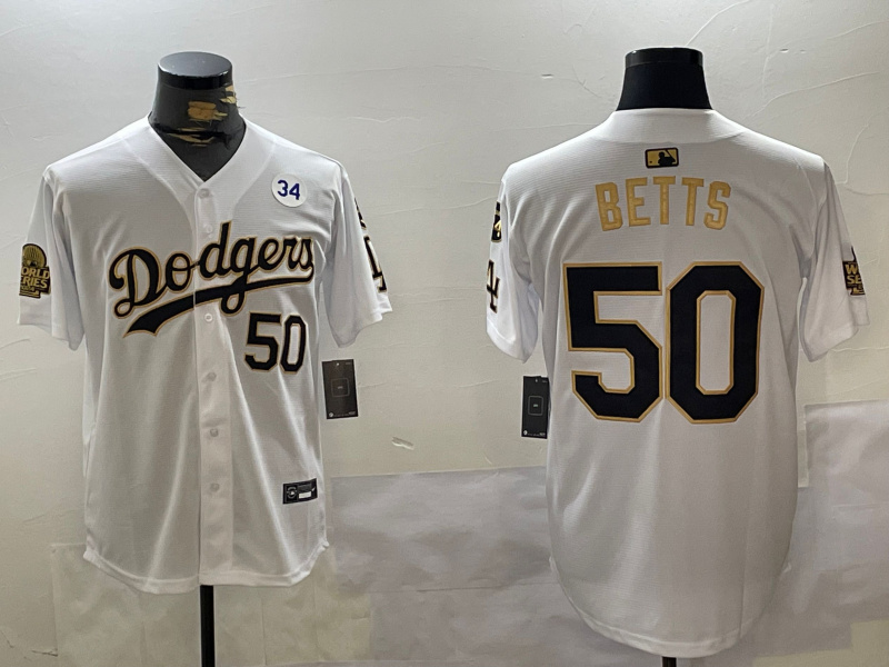 Men's Los Angeles Dodgers #50 Mookie Betts White Gold 2024 World Series With Fernando Memorial Patch Limited Stitched Baseball Jersey 1 Men's Los Angeles Dodgers #50 Mookie Betts White Gold 2024 World Series With Fernando Memorial Patch Limited Stitched Baseball Jersey 1