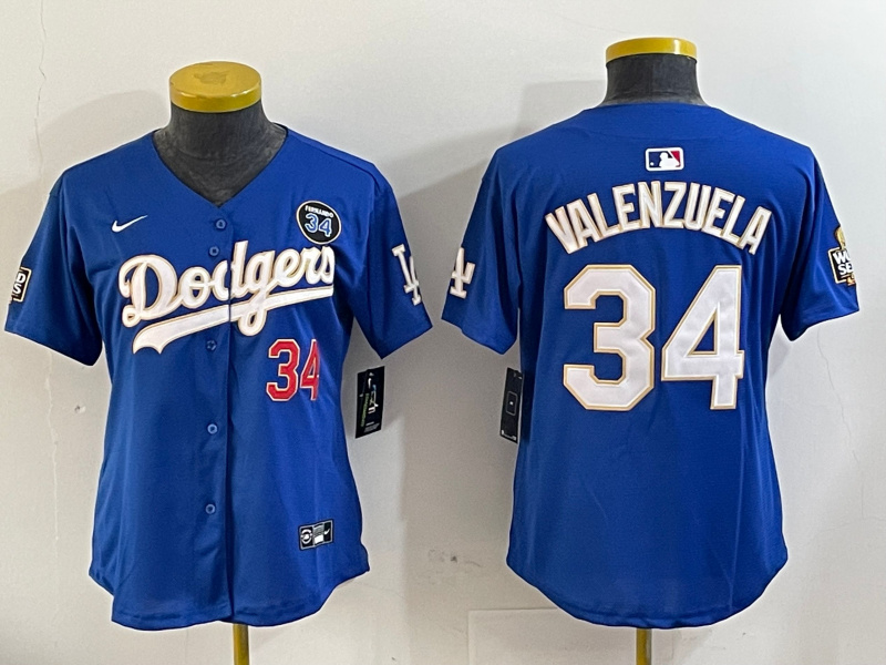 Women's Los Angeles Dodgers #34 Toro Valenzuela blue Gold 2024 World Series With Fernando Memorial Patch Limited Stitched Baseball Jersey Women's Los Angeles Dodgers #34 Toro Valenzuela blue Gold 2024 World Series With Fernando Memorial Patch Limited Stitched Baseball Jersey
