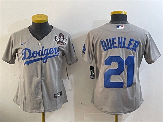 Women's Los Angeles Dodgers #21 Walker Buehler Grey 2024 World Series Cool Base Stitched Baseball Jersey(Run Small) Women's Los Angeles Dodgers #21 Walker Buehler Grey 2024 World Series Cool Base Stitched Baseball Jersey(Run Small)