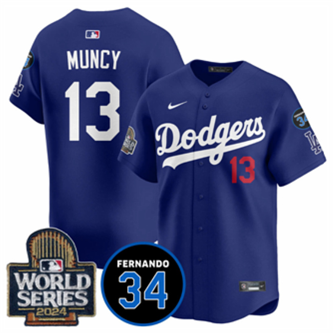 Men's Los Angeles Dodgers #13 Max Muncy Royal 2024 World Series With Fernando Memorial Patch Alternate Limited Stitched Baseball Jersey Men's Los Angeles Dodgers #13 Max Muncy Royal 2024 World Series With Fernando Memorial Patch Alternate Limited Stitched Baseball Jersey