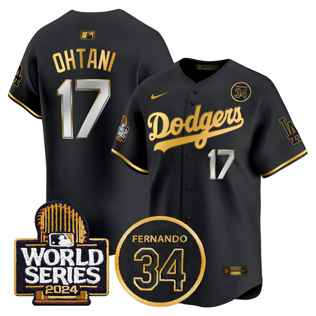 Men's Los Angeles Dodgers #17 Shohei Ohtani Black Gold 2024 World Series With Fernando Memorial Patch Limited Stitched Baseball Jersey Men's Los Angeles Dodgers #17 Shohei Ohtani Black Gold 2024 World Series With Fernando Memorial Patch Limited Stitched Baseball Jersey