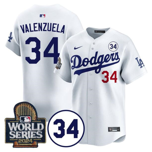 Men's Los Angeles Dodgers #34 Toro Valenzuela White 2024 World Series With No. 34 Patch Limited Stitched Baseball Jersey Men's Los Angeles Dodgers #34 Toro Valenzuela White 2024 World Series With No. 34 Patch Limited Stitched Baseball Jersey