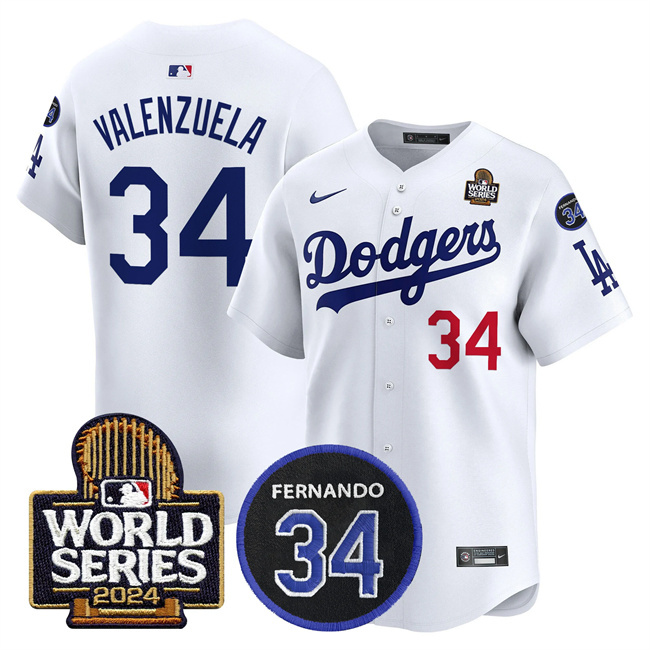 Men's Los Angeles Dodgers #34 Toro Valenzuela White 2024 World Series With Fernando Memorial Patch Limited Stitched Baseball Jersey Men's Los Angeles Dodgers #34 Toro Valenzuela White 2024 World Series With Fernando Memorial Patch Limited Stitched Baseball Jersey