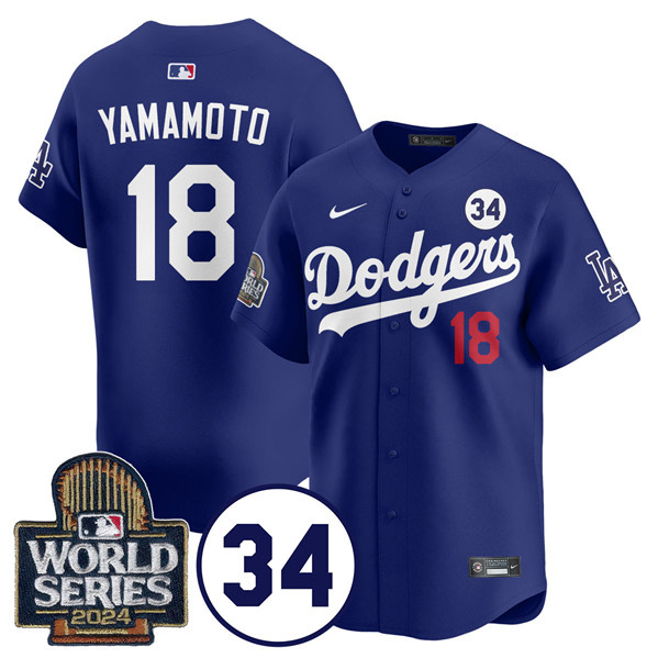 Men's Los Angeles Dodgers #18 Yoshinobu Yamamoto Royal 2024 World Series With No. 34 Patch Limited Stitched Baseball Jersey Men's Los Angeles Dodgers #18 Yoshinobu Yamamoto Royal 2024 World Series With No. 34 Patch Limited Stitched Baseball Jersey