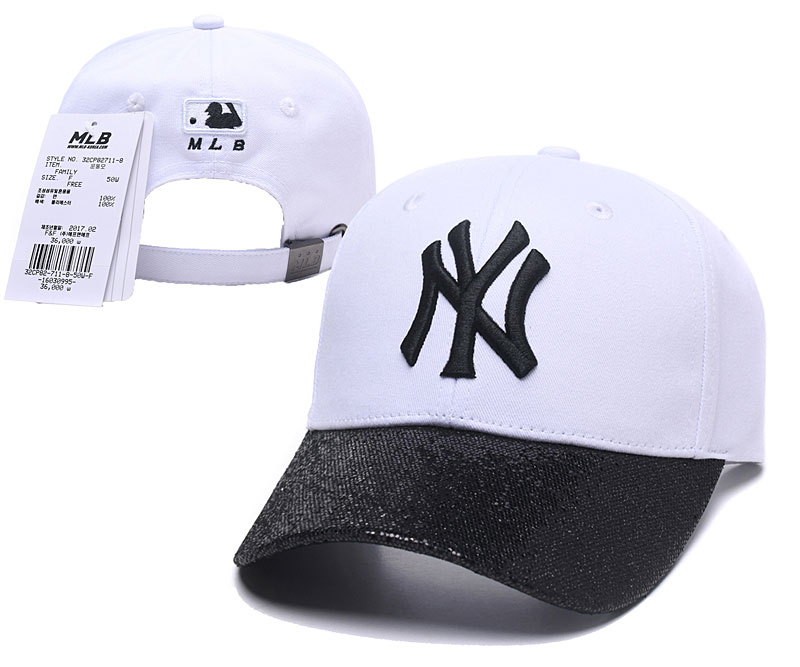 MLB New York Yankees Black Logo White Peaked Adjustable Hat SG