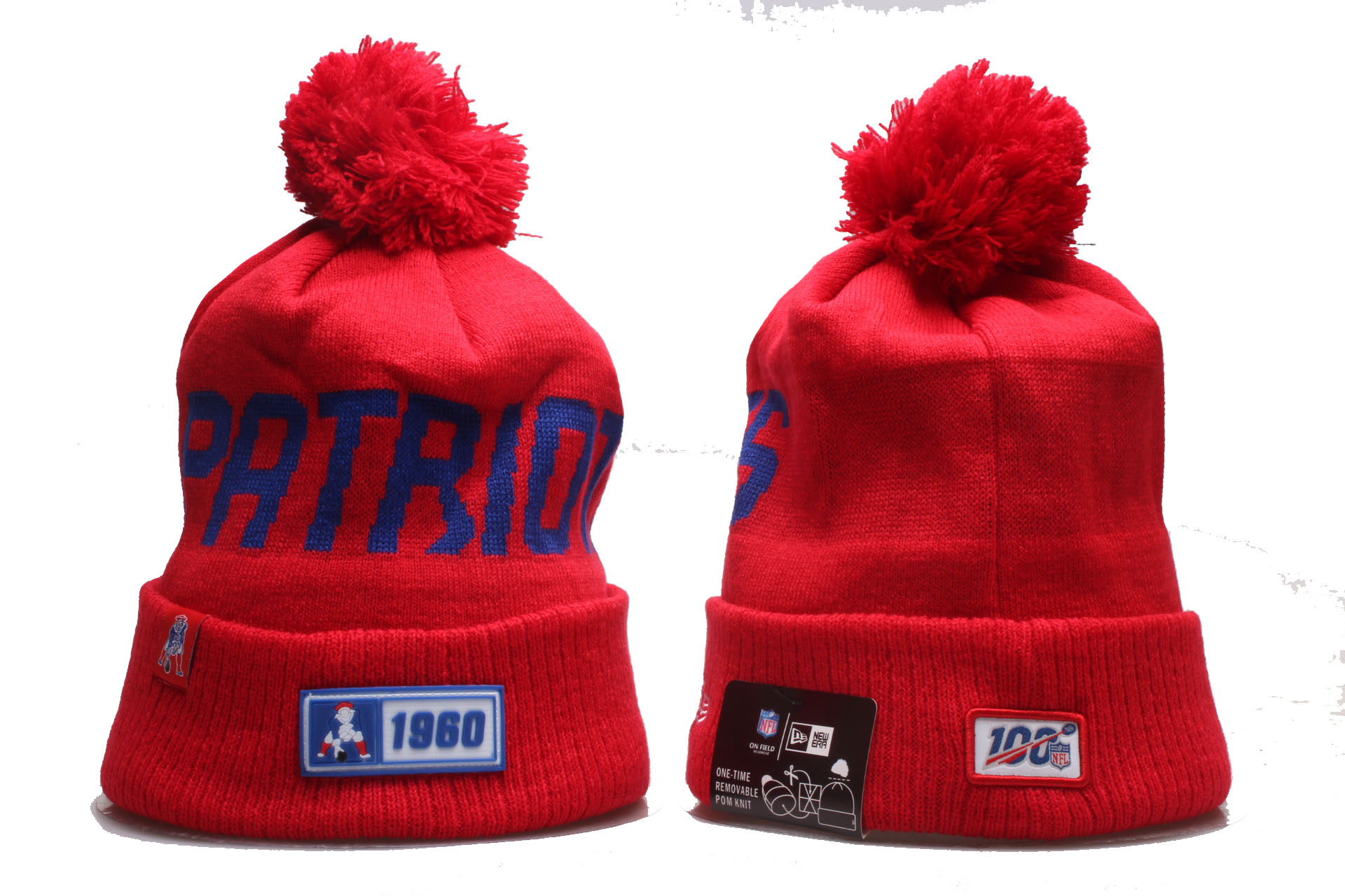 Patriots Team Logo Red 100th Season Cuffed Pom Knit Hat YP Patriots Team Logo Red 100th Season Cuffed Pom Knit Hat YP