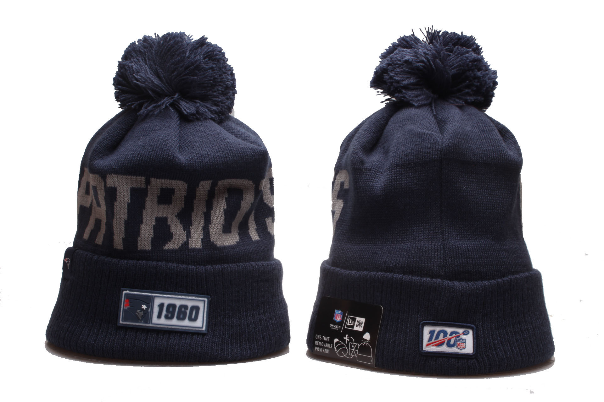 Patriots Team Logo Navy 100th Season Pom Knit Hat YD Patriots Team Logo Navy 100th Season Pom Knit Hat YD