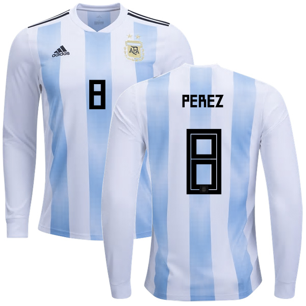 Argentina #8 Perez Home Long Sleeves Kid Soccer Country Jersey