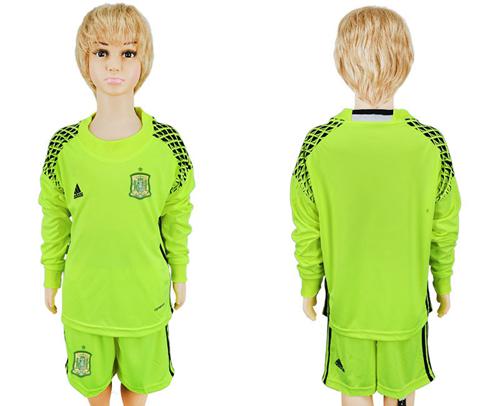 Spain Blank Shiny Green Long Sleeves Goalkeeper Kid Soccer Country Jersey
