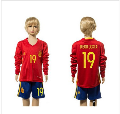 Spain #19 Diego Costa Red Home Long Sleeves Kid Soccer Country Jersey