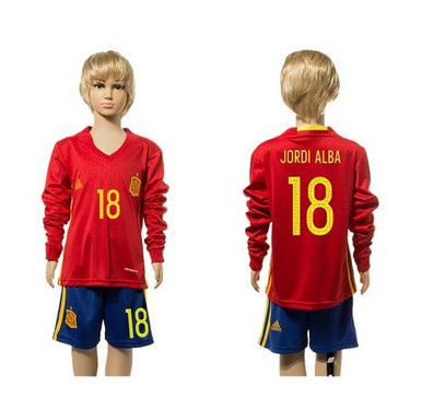 Spain #18 Jordi Alba Red Home Long Sleeves Kid Soccer Country Jersey