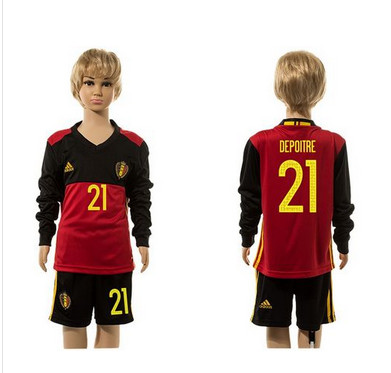Belgium #21 Depoitre Red Home Long Sleeves Kid Soccer Country Jersey