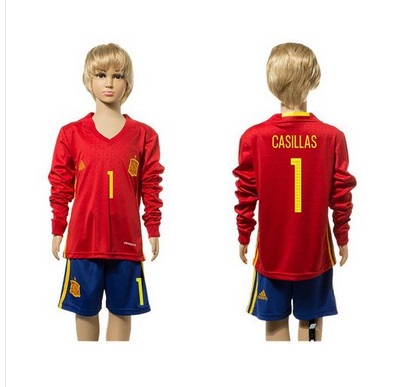 Spain #1 Casillas Red Home Long Sleeves Kid Soccer Country Jersey